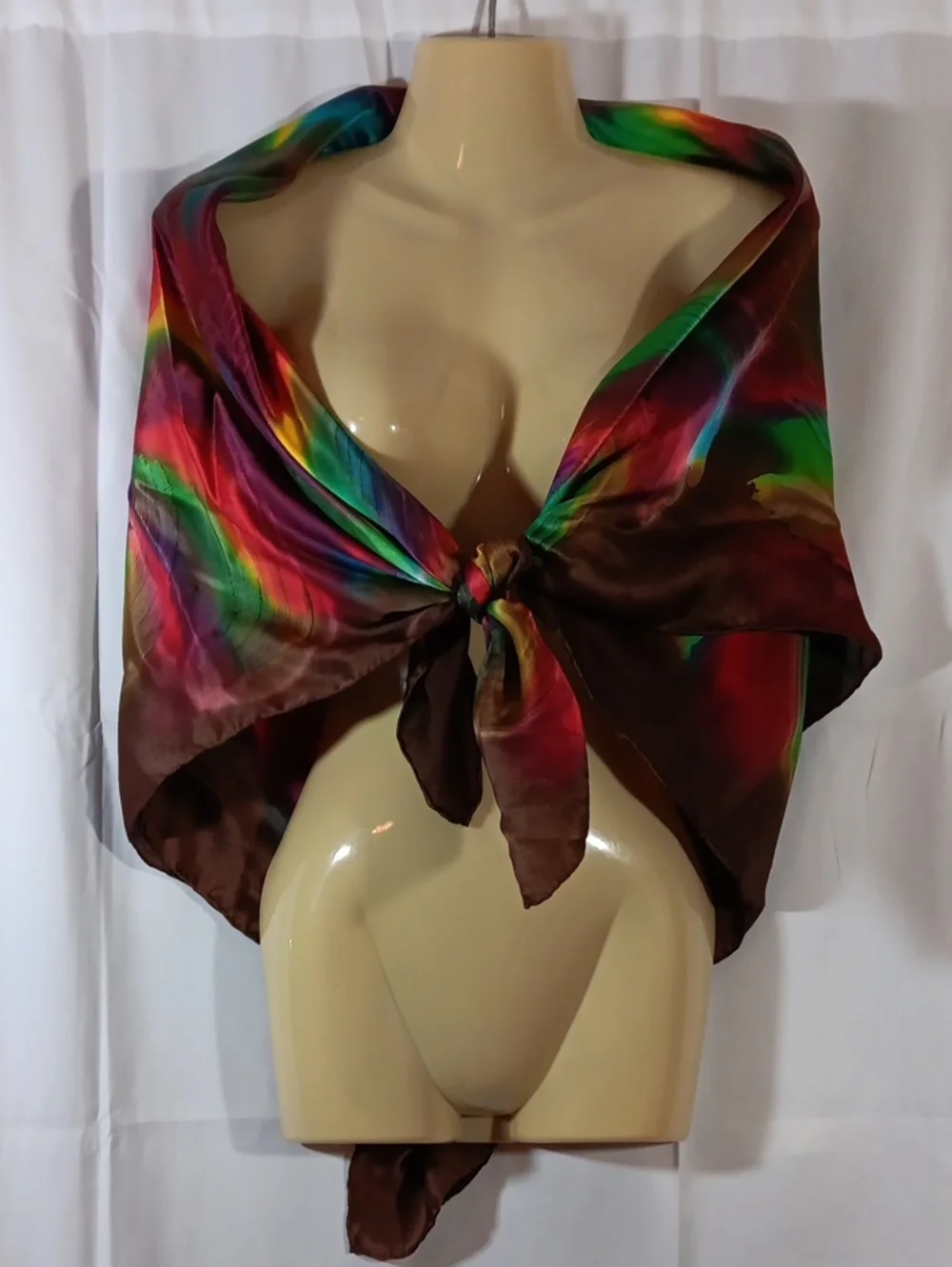 Womens Silk Large Scarf Brown Rainbow Boho Neck Sarong Headscarf Festival